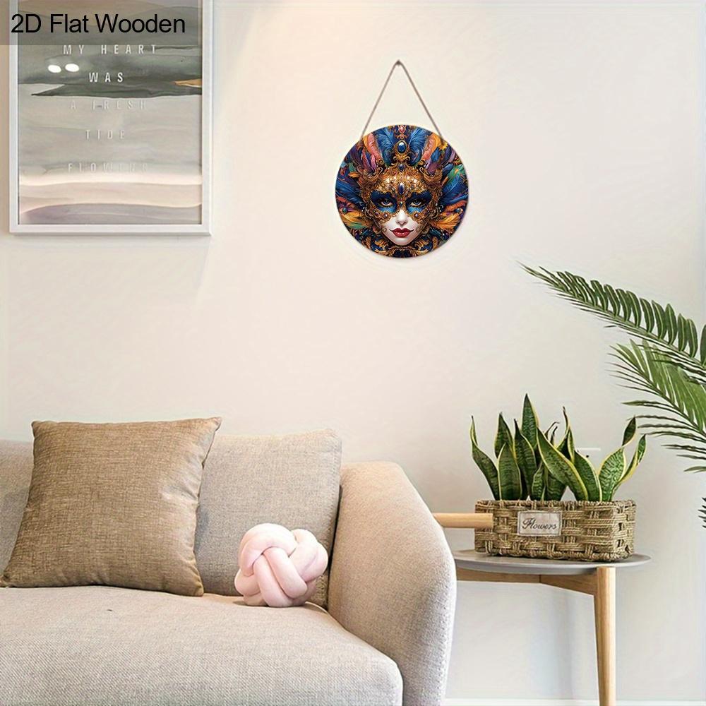 Carnival Mask Theme Round Wooden Sign, Home Wall Craft Decoration, Wooden Holiday Statue Decoration for Home, Office, Party Ideal for Mardi Gras Gifts