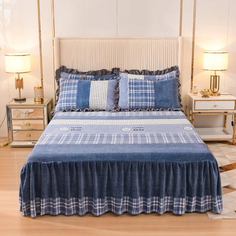 Milk Velvet Printed Bed Skirt, Thick And Warm Mattress Cover, Bedroom Trim, High Weight Fabric