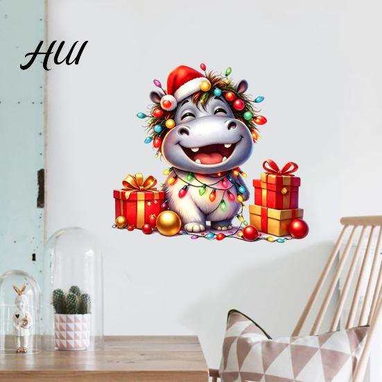 Hippo Wall Decals for Christmas Cartoon Decal, Cute Sticker with Colorful Lights & Holiday Glass Stickers Decor Xmas Balls, Waterproof Mural