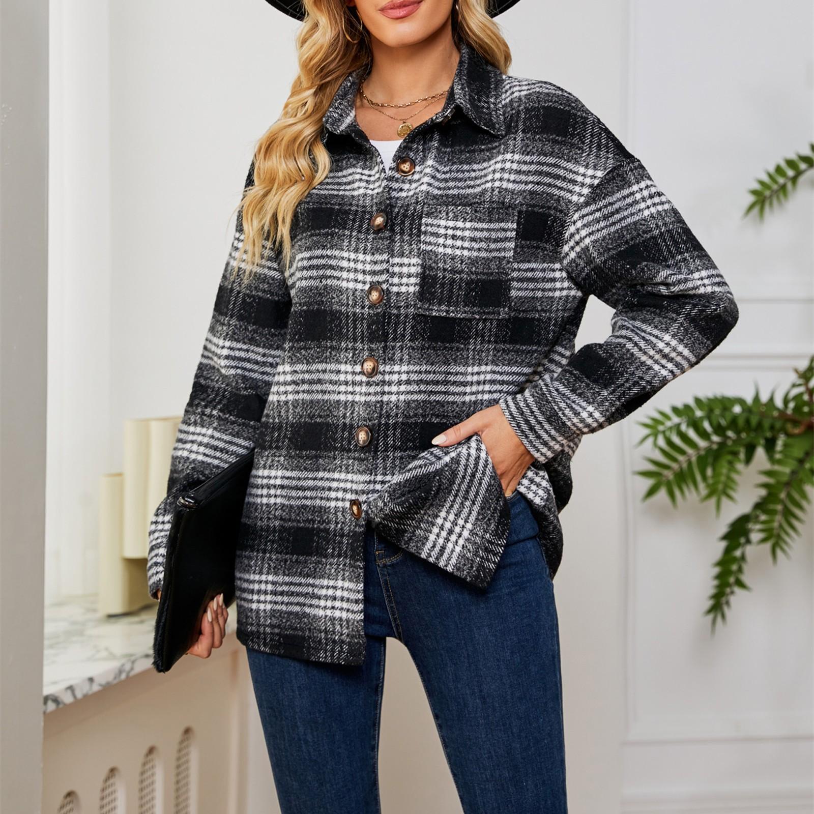

Модные женские повседневные топы в клетку с длинным рукавом и воротником-стойкой, пальто XXL чёрный
