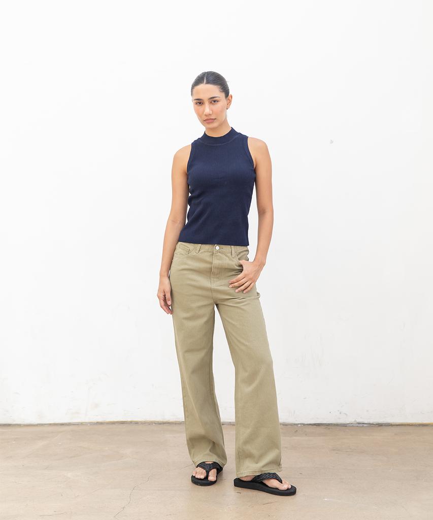 CHAMBROS Women'S Semi-Wide Washed Denim Pants [Cotton Light Khaki]