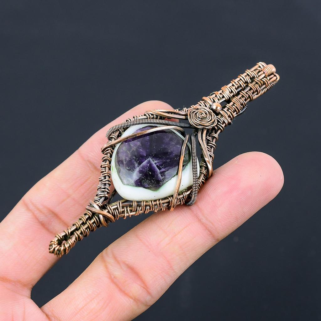 Natural Sage Amethyst Gemstone Handmade Copper Wire Wrap Pendant 3.94" p8W38