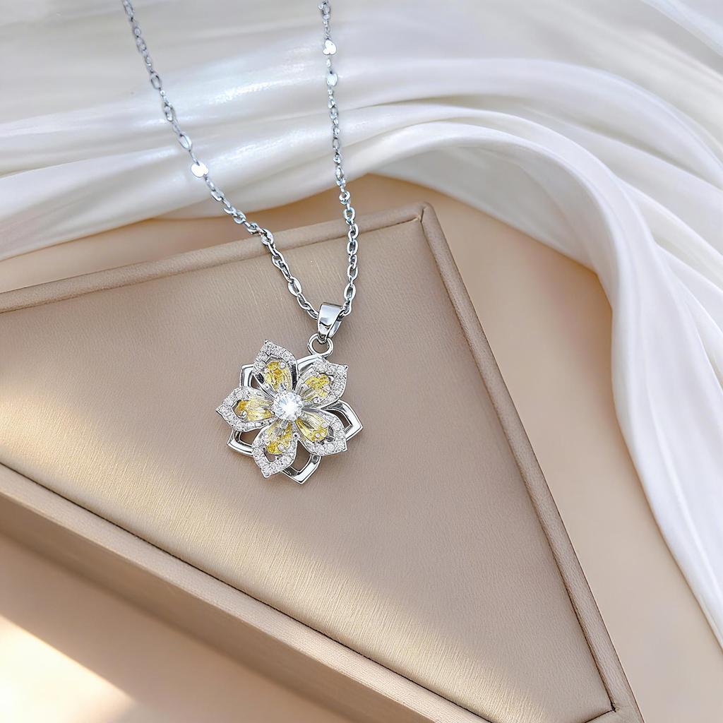 Purple Bauhinia Zirconia Flower 360° Rotatable Necklace for Women – European & American Style, New Five-Petal Design