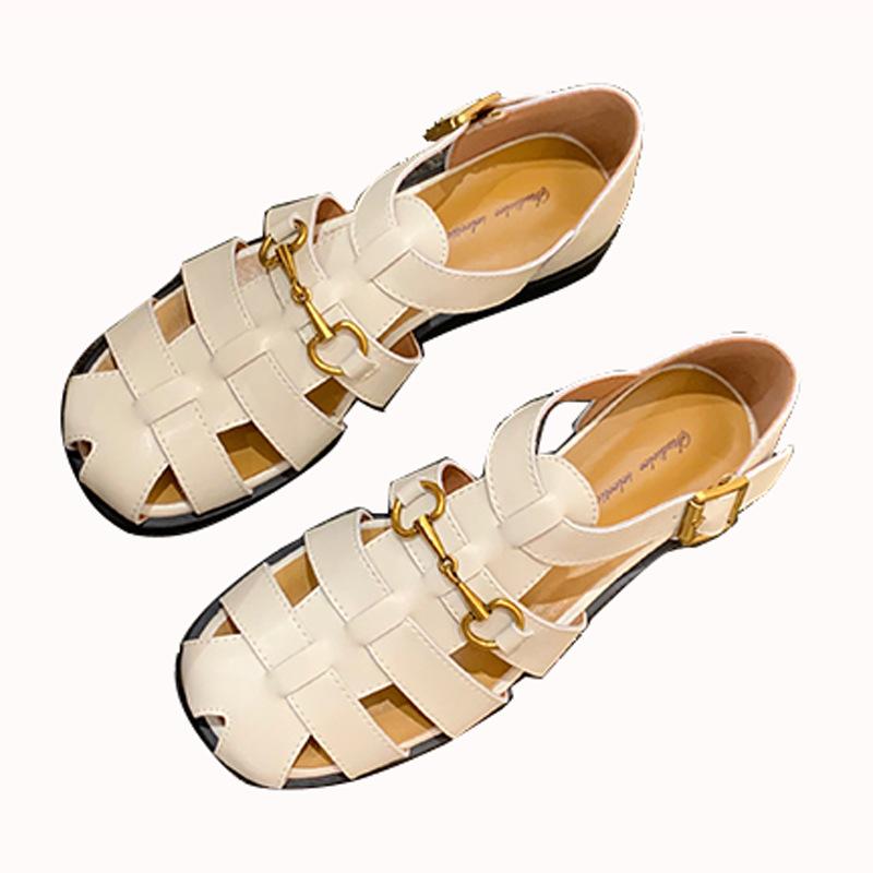 Leather Roman Sandals Women's Hollow 2025 Summer New Beach Shoes Woven Horse Buckle Retro One-word Buckle Cool Slippers
