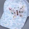 (One Size, Blue) Women's Baseball Cap Stylish Rhinestone Butterfly Flower Adjustable Breathable Wide Brim Sun Hat