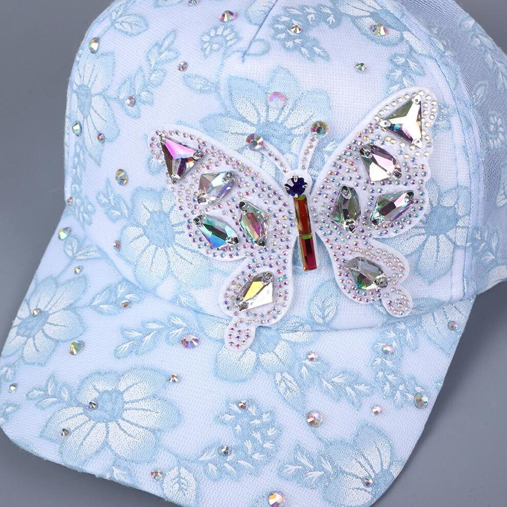 (One Size, Blue) Women's Baseball Cap Stylish Rhinestone Butterfly Flower Adjustable Breathable Wide Brim Sun Hat