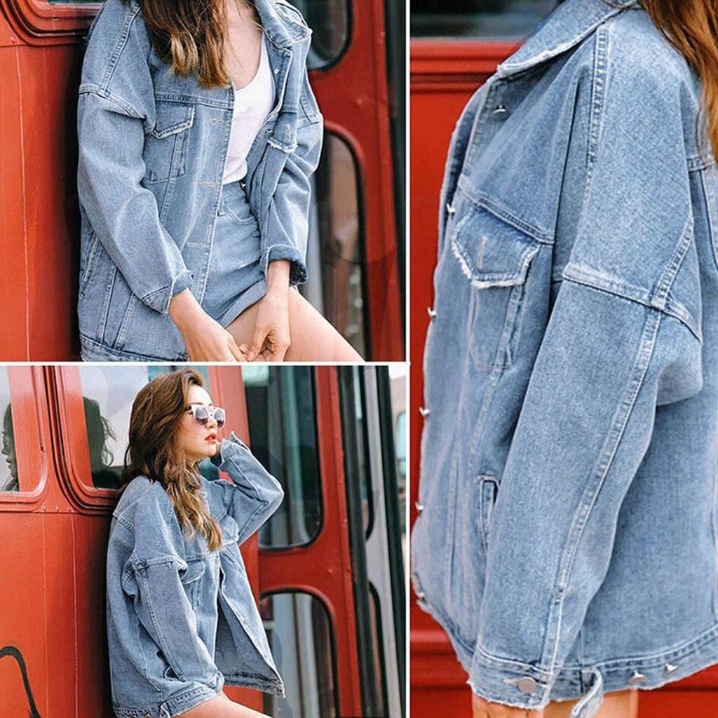 Frauen Retro Oversize Lose Knopf Jacke Casual Denim Jeans Taschen Mantel Outwear