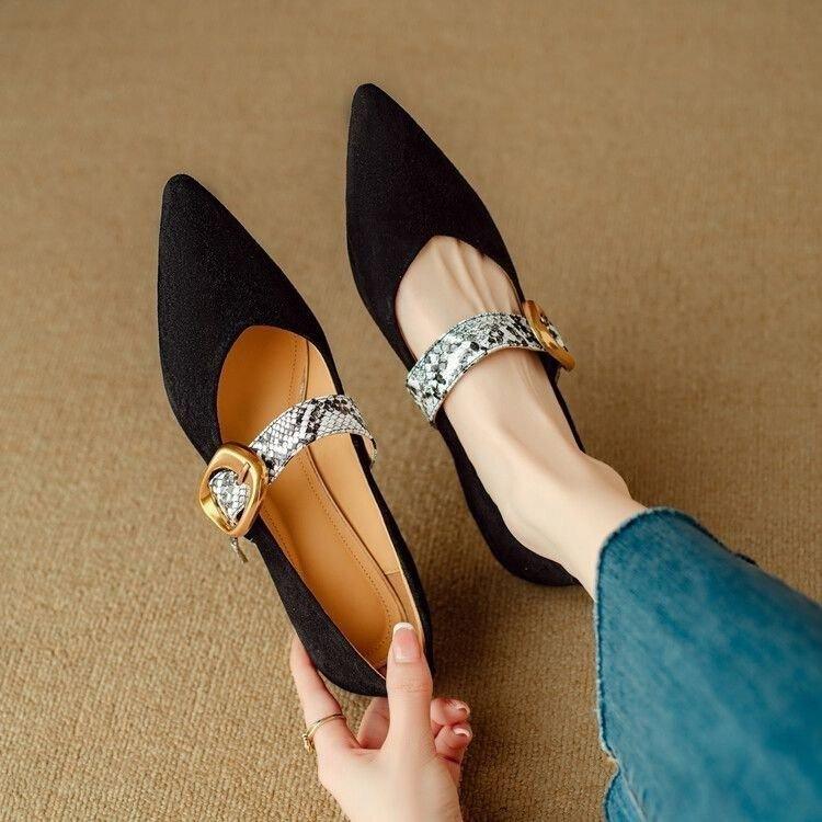 French one-word buckle strap stiletto shoes 2025 autumn pointed head shallow mouth frosted leather high heels medium heel Mary Jane shoes