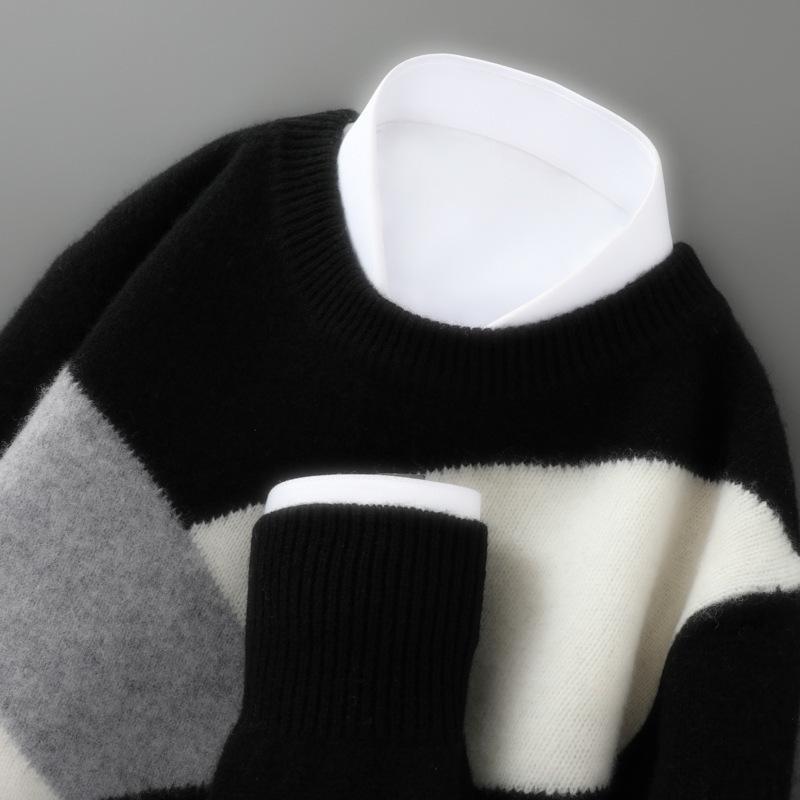 Men's 100% Pure Wool Color Block Cashmere Sweater - Round Neck, Autumn/Winter, Loose Casual/Business Wear