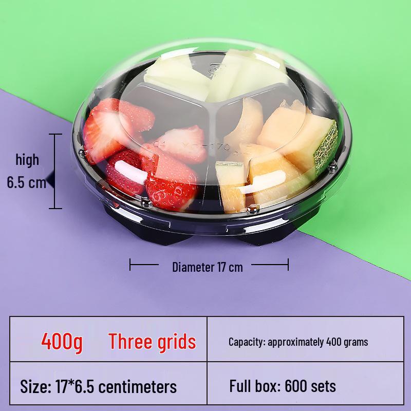 Transparente runde Einweg-Salatschale mit dreigeteilter Obstschale