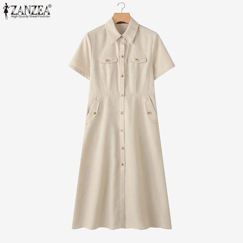 ZANZEA Women Casual Turn Down Collar Loose Short Sleeve Shirt Dress