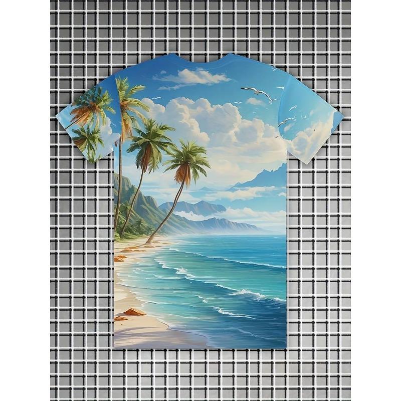 Summer Round Neck 3D Hawaiian Coconut Tree Pattern Print Top Fashionable Casual Short Sleeved Men's T-shirts