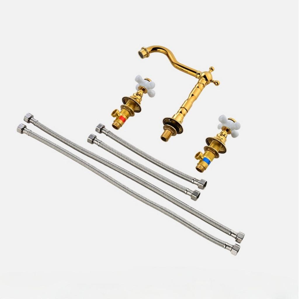 Tuqiu Gold Bathroom Faucet Total Brass Widespread Basin Faucet Black Sink Faucets 3 Hole Faucet Hot & Cold European Style