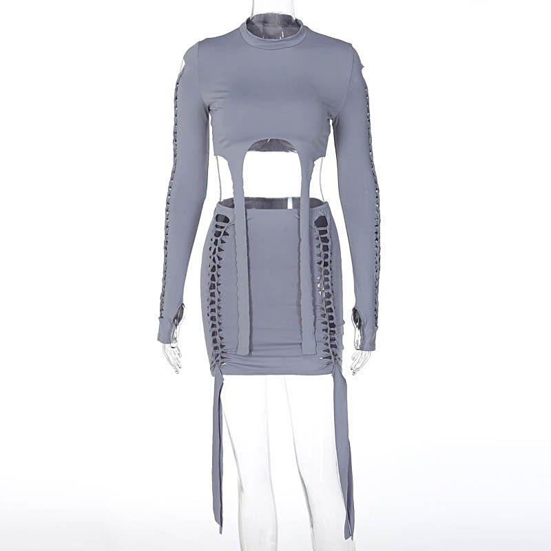 

European and American Fashion round Neck Hollow Slim-Fit Hip T-shirt Gray S