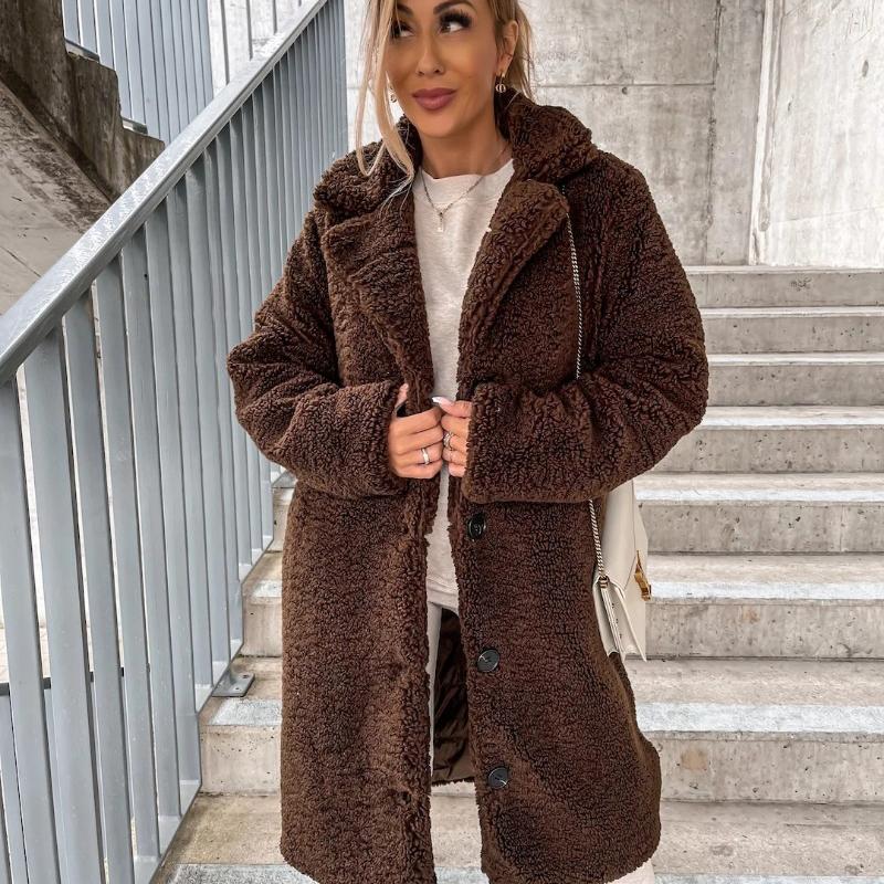

Осенне-зимняя толстая женская куртка с длинным рукавом и лацканами, большие размеры, плюшевые флисовые теплые длинные пальто, женские свободные повседневные однотонные женские куртки 24959 4XL темно-коричневого