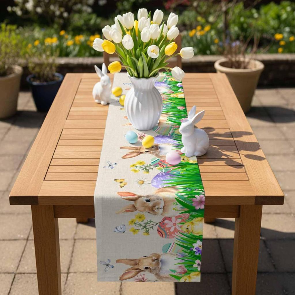 Easter Bunny Eggs Floral Grass Linen Table Runner Party Decor Spring Colorful Flowers Butterfly Table Runners Easter Decorations