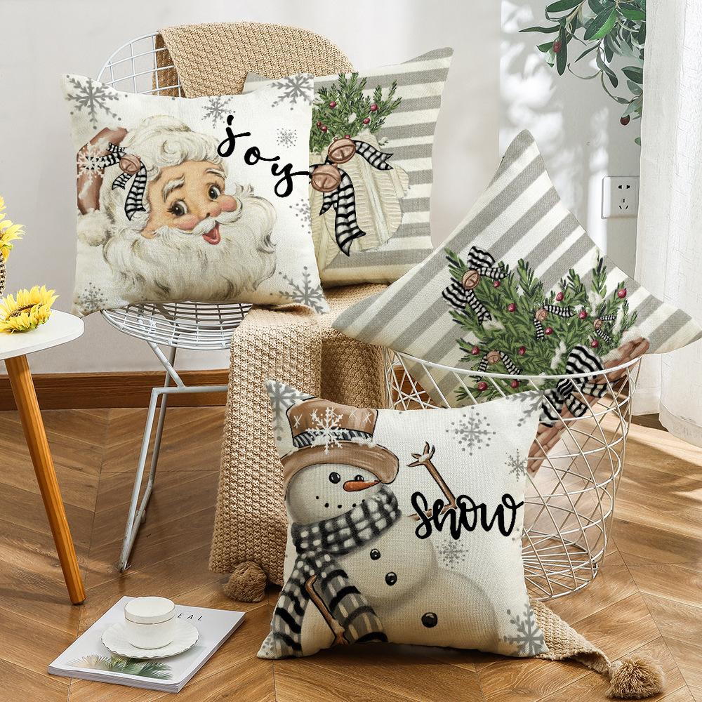 Christmas Pillow Cover Simple Snowman Linen Letter Print Sofa Cushion Home Pillow Cover