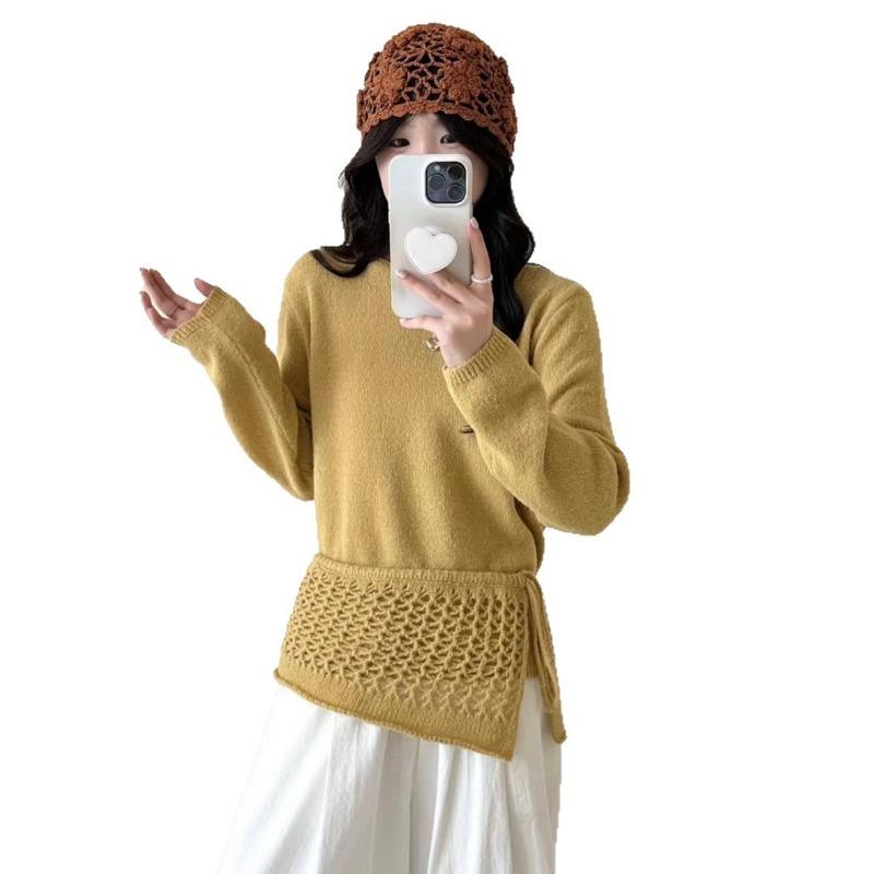 Autumn and Winter New Design Sense Hook Flower Hollow Lace-up Lapel Knitted Sweater Women's Loose Age-reducing Pullover Sweater Tide