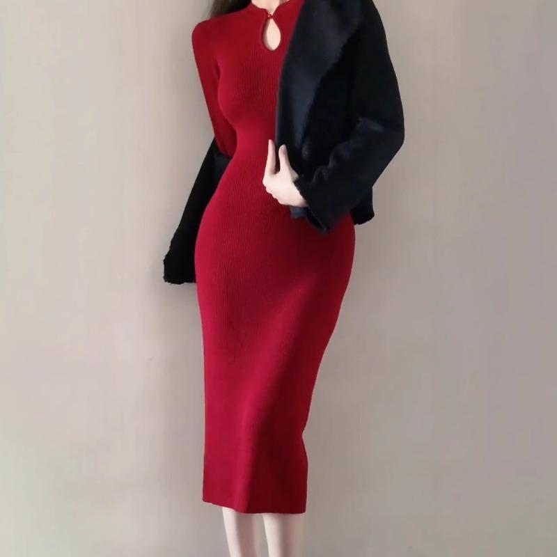 Improved Cheongsam Winter Toast Dress Bridal High Sense Dignified Atmosphere Red Bottoming Knitted Dress