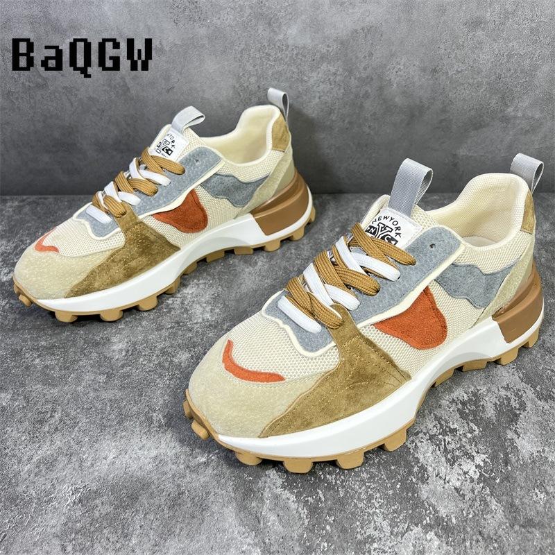Color Block Fashion Chunky Sneaker Men Running Shoes Casual Leather Fabric Breathable Height Increased Platform Sport Shoes