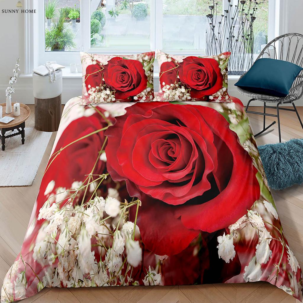 Valentine's Day Gift Romantic Retro Red Rose 3d Printed Quilt Cover Bedding Set Quilt Cover Pillowcase Three-Piece Set