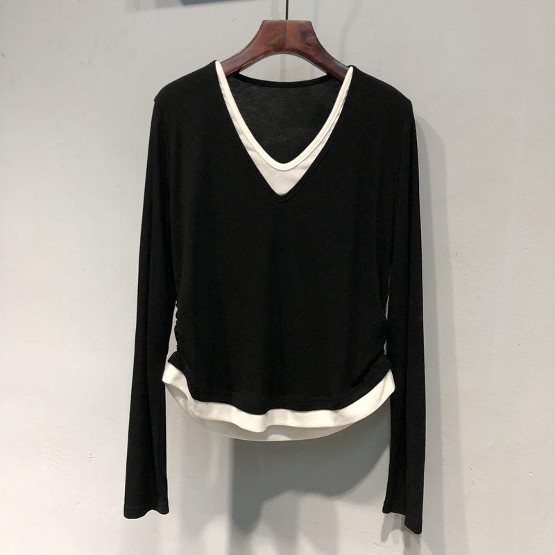 

Цветовая гамма воротника, переднее плечо, имитация двойки, футболка с длинным рукавом, женская универсальная свободная и тонкая базовая рубашка 2XL чёрный