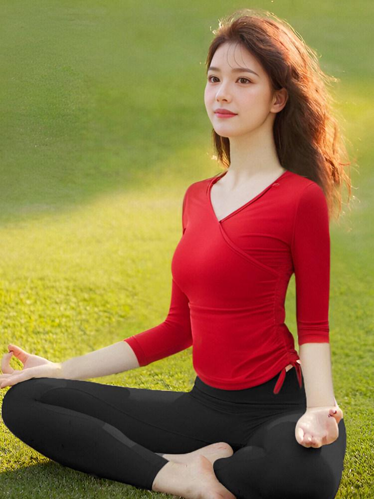 Ankela Women s Red Slimming Yoga Outfit - Sexy Autumn/Winter Pilates Fashion with Stylish Drawstring Long Sleeves S китайский красный