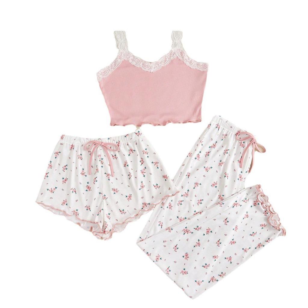 European & American Ribbed Lace Camisole Pajama Set - Includes Top, Shorts, and Pants