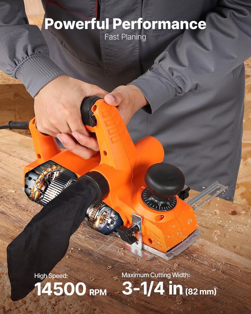Electric Hand Planer, 82 mm Cut Width, 900W 14500 RPM Corded Power Handheld Planer for Wood, with Adjustable Cut Depth, 2 Blades, for Woodworking Wood
