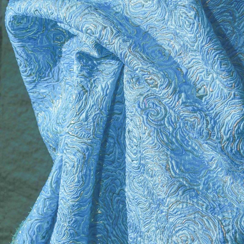 Blue Flowered Gold Thread Jacquard Fabric for Diy Sewing Coat Clothing Designer Art Dress Fabrics Fashion Apparel Cloth
