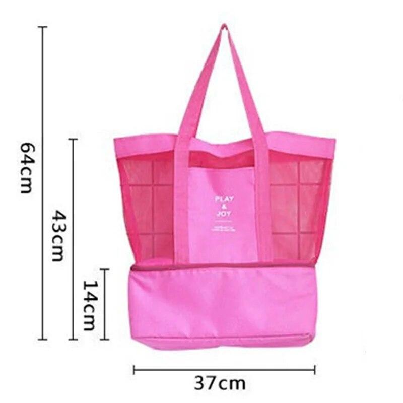 Wärmeisolierende Kühltasche, Kleidung, Kosmetik-Organizer, wasserdichte Aufbewahrungstaschen für Lebensmittel und Getränke, doppellagige Netz-Tragetasche, Strandtasche, 35