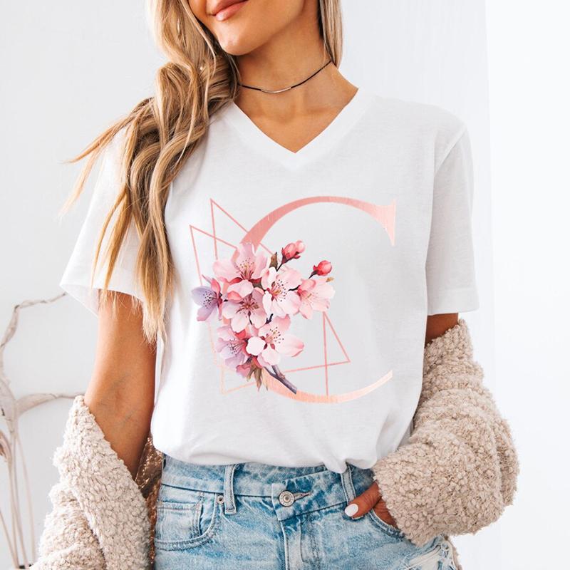 AZ 26 Alphabet Unisexs VNeck TShirt Pink Sakura Letter B Graphic T Shirts Unisex Letters ABCD Casual Tees Fashion Y2K Tops