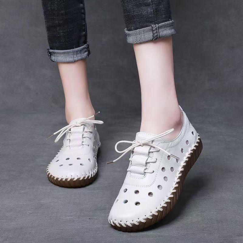 Woman's Summer Leather Hollow Out Flat Sole Shoes Round Toe Lace Up Non Slip Breathable Sandals Soft Sole Lightweight Cave Shoes