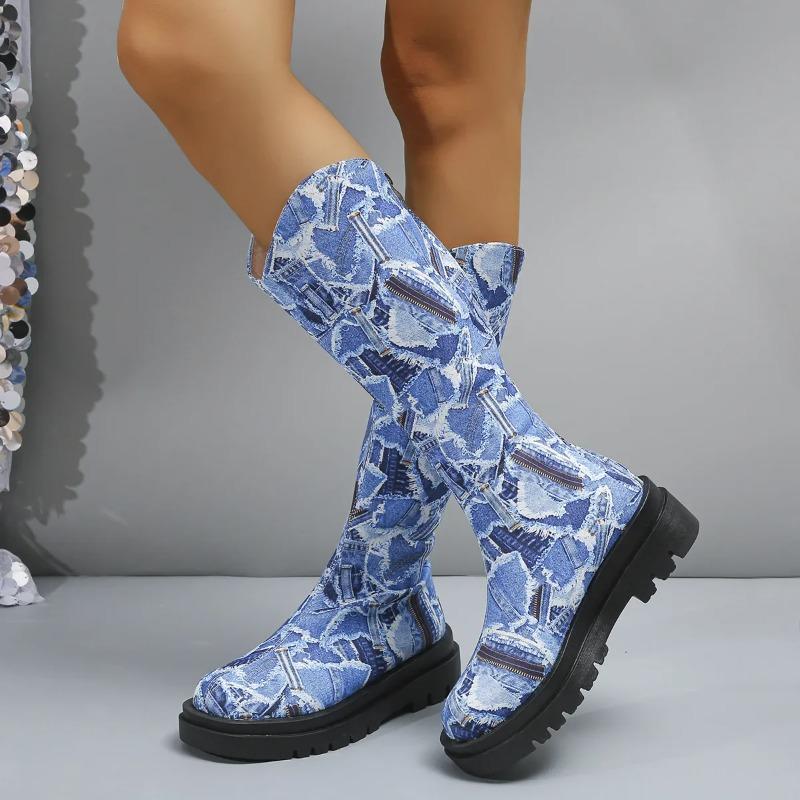 Vintage Floral Pattern Platform Long Boots  Women Fashion Show Style Slip-on Female Mid-Calf Boots Casual Large Size 43 Booties