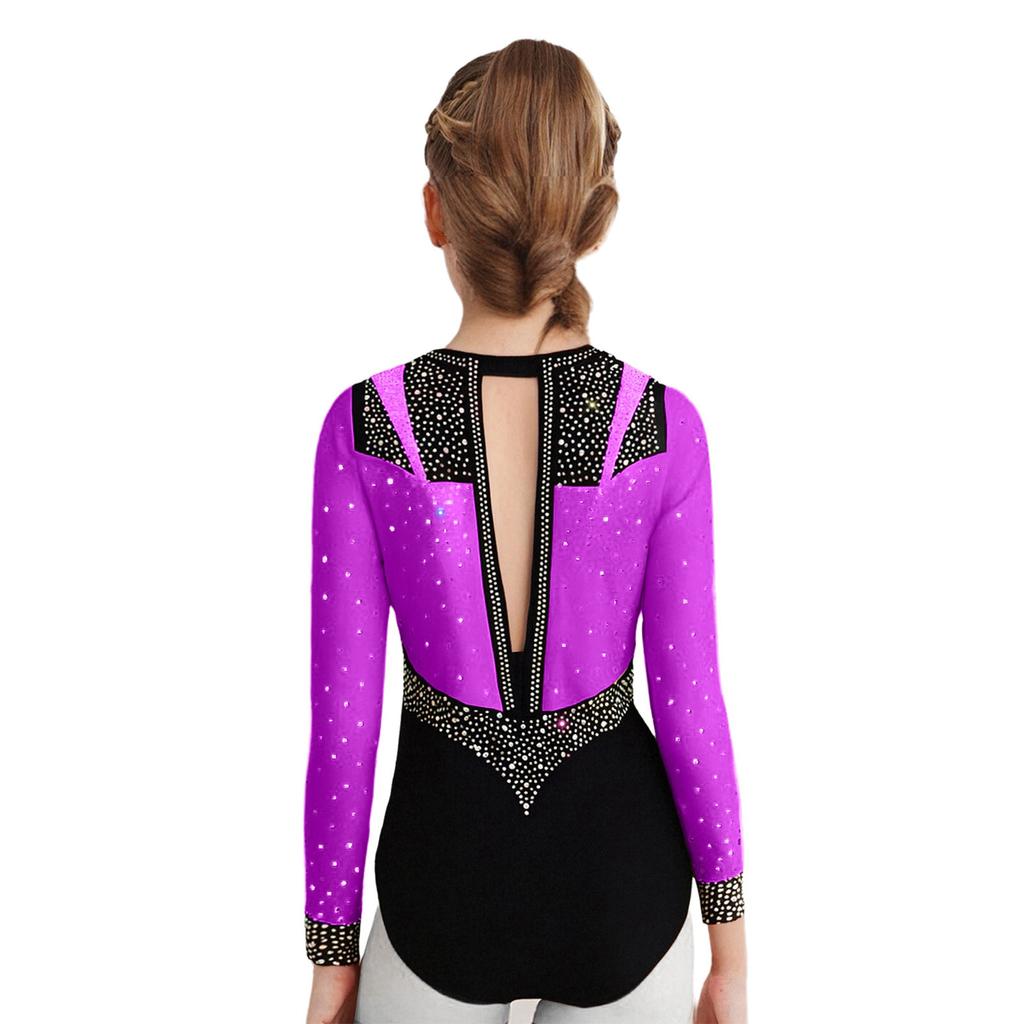 Mädchen Glitzernde Strasssteine Gymnastik-Leotard Langarm Schlüsselloch Rücken Eiskunstlauf-Bodysuit Bühnenperformance-Kostüm