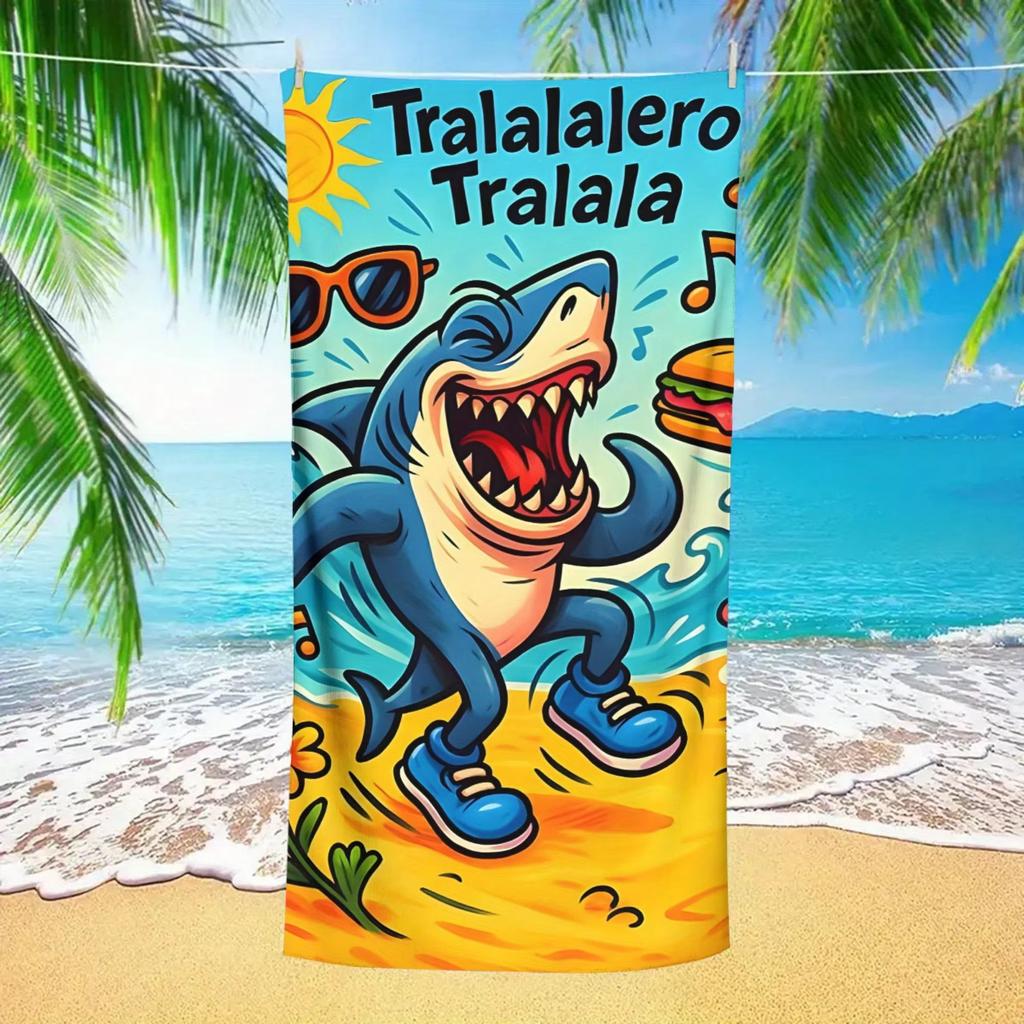 Tralalero Tralala Tropical Shark Cartoon Beach Towel, Quick Drying Anti Sand Super Absorbent for Pool Vacation Gift