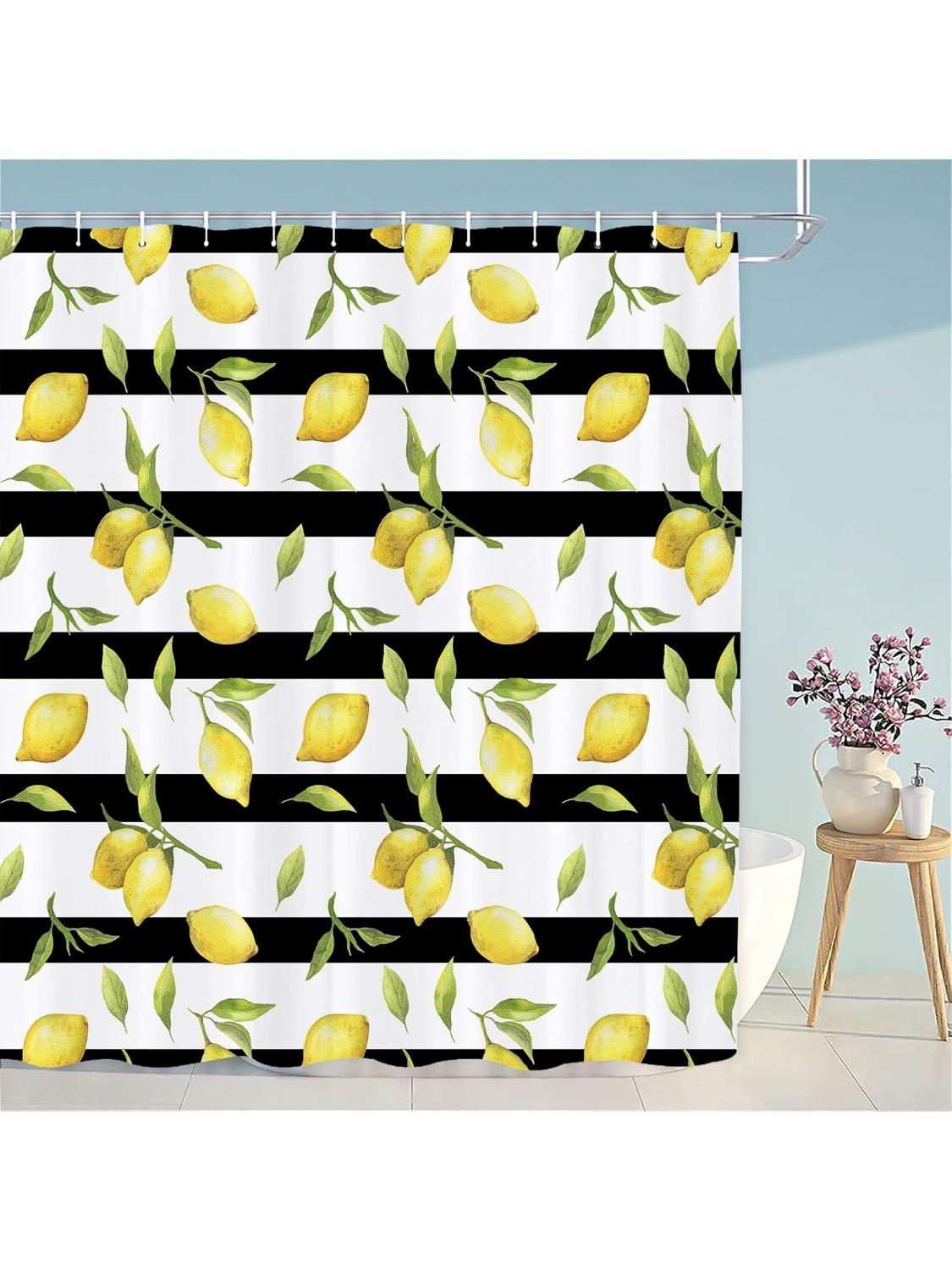 Cute Lemon Summer Leaf Shower Curtains Yellow Fruit Green Leaves Plant Bathroom Shower Curtain Black Stripe Citrus W60H190(CM)-1 Pcs