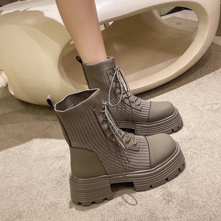 Martin boots women's 2025 spring and autumn new short tube thick-soled elastic boots medium tube boots gray upgraded version beige upgraded version