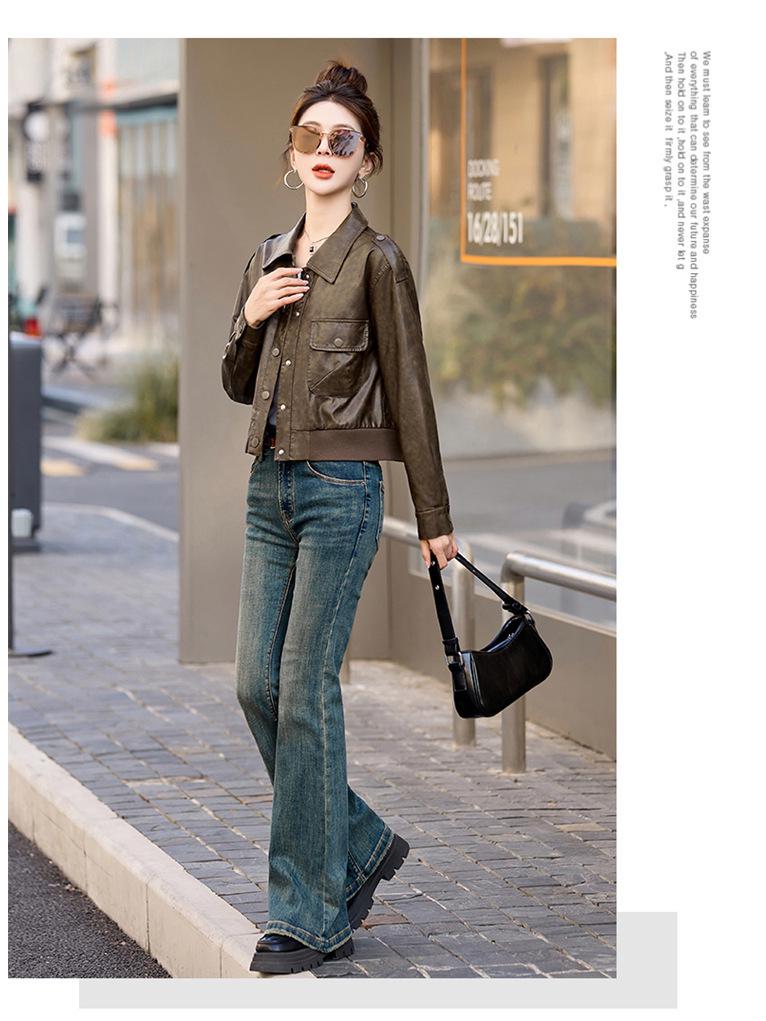 Women's Retro Genuine Leather Motorcycle Jacket, Spring/Autumn 2025 Fashion, Solid Color, Loose Fit, Short Style.