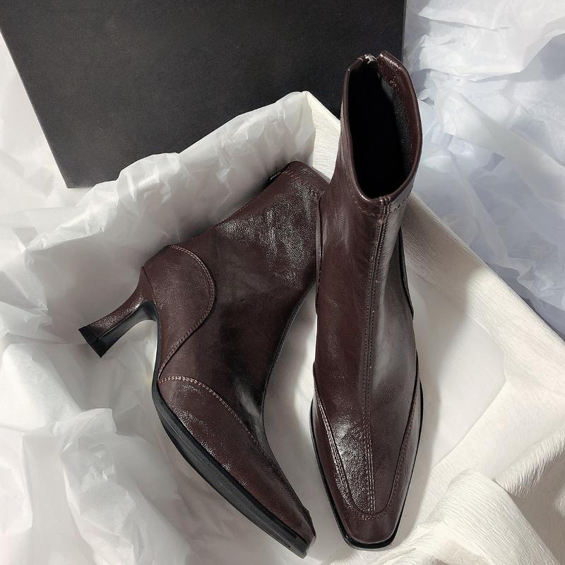 Herbst Winter Dicker Absatz Damen Stiefeletten Elegante Spitze Dünne Absätze Schuhe Street Style Bankett Party Kurze Botas Mujer