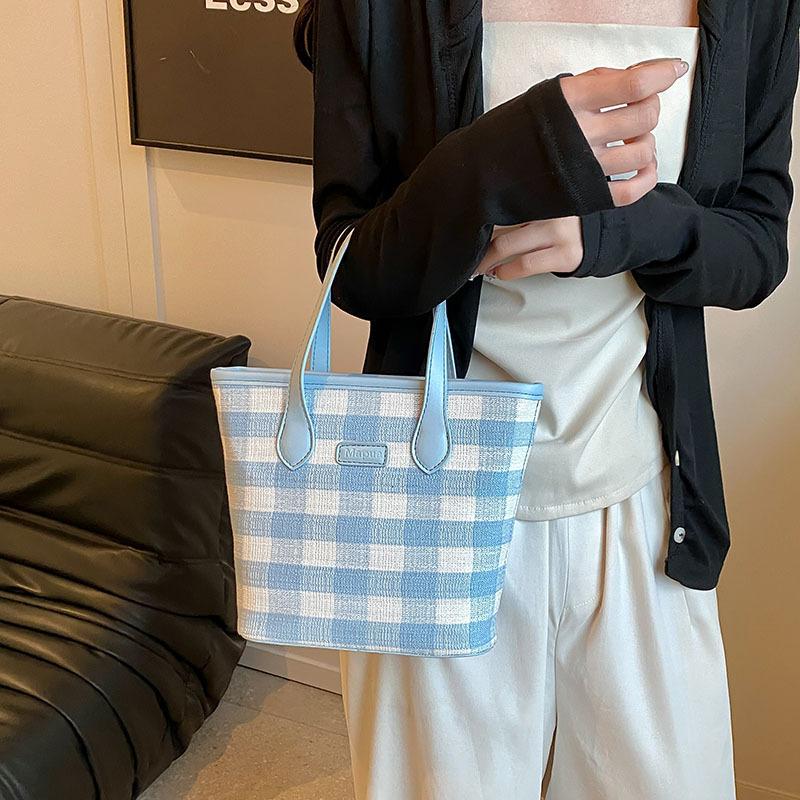 Sweet Design Pink Plaid Bucket Bag Women's 2025 New Temperament Vegetable Basket Handbag Shoulder Messenger Bag