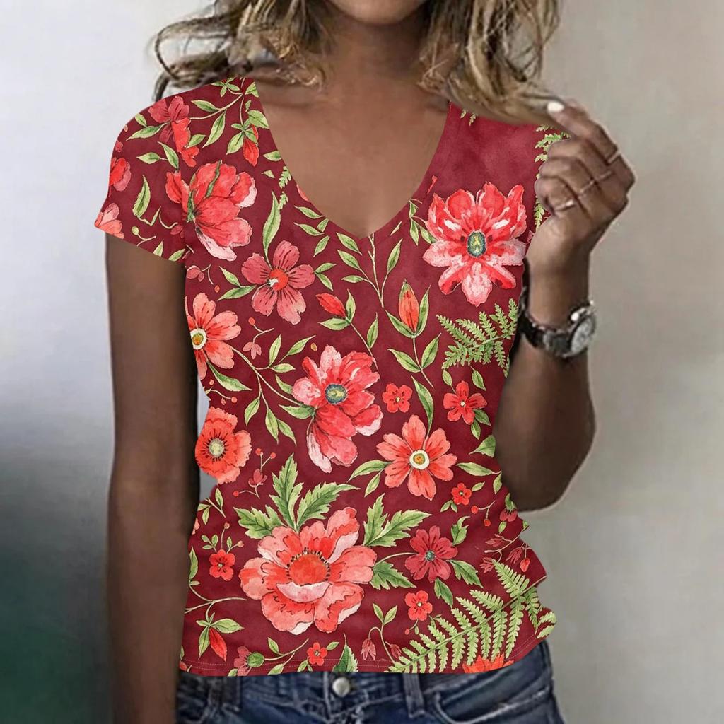Women V Neck Short Sleeve Floral Print T Shirt Casual Loose Fit Lightweight Soft Fabric Summer Top for Daily Wear