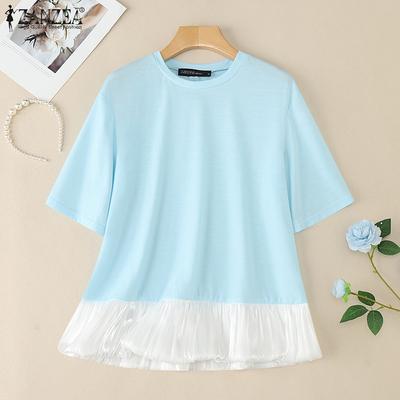 Camicetta patchwork ampia e casual da donna, con scollo rotondo e maniche corte
