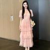 Runway Summer Holiday Sundress Black Lace Tulle Wedding Prom Sequins Dress Women Short Sleeve Flower Embroidery Dresses