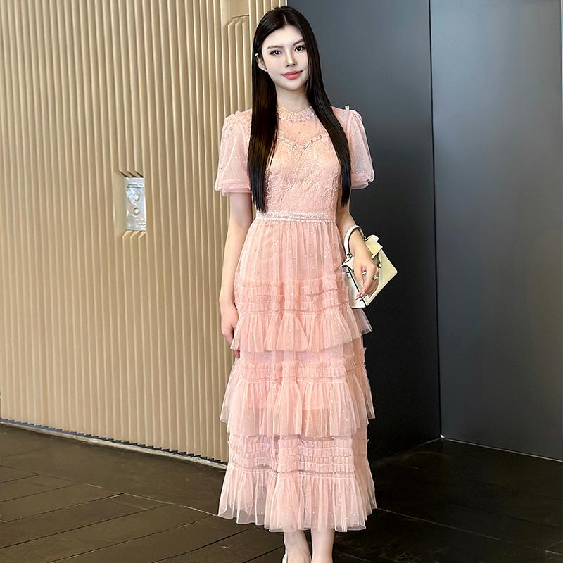 Runway Summer Holiday Sundress Black Lace Tulle Wedding Prom Sequins Dress Women Short Sleeve Flower Embroidery Dresses