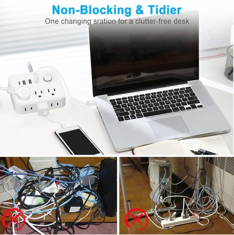 Travel Power Station with 3 Outlets 4 USB Port Flexible Cable For Home Office Safety Efficient Design