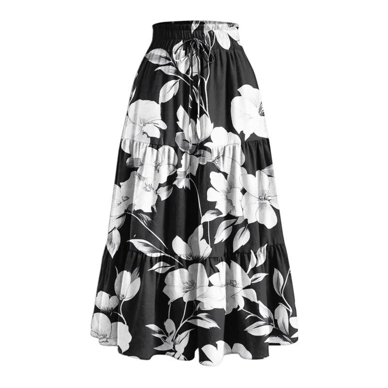 Printed Pocket Spliced Elastic Waist Midi Skirt Women Elegant Commuter Style