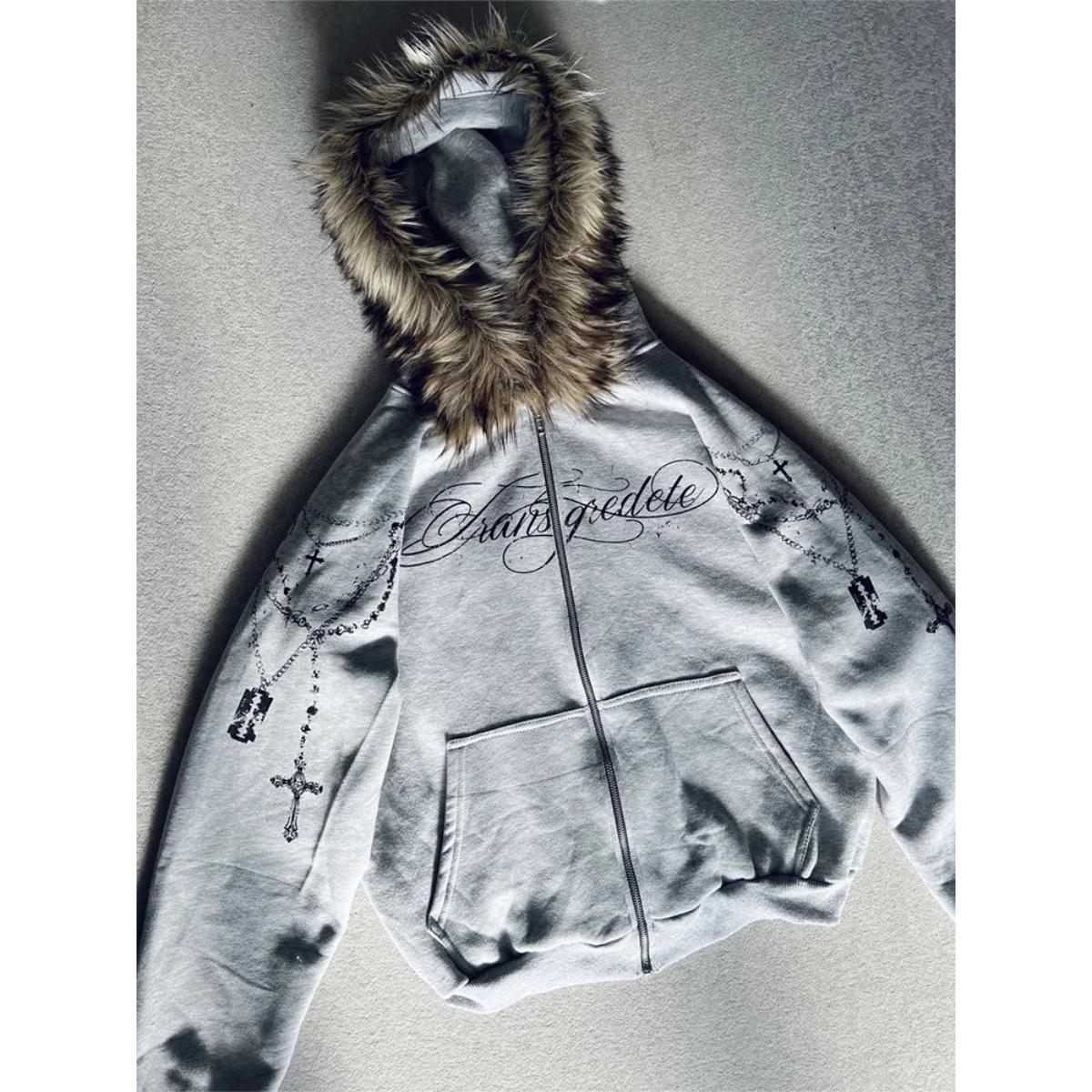 STREETRICH Fashion Streetwear Women s Gothic Punk Faux Fur Hooded Jacket With Cross Print Trendy Edgy Zip - Up Sweatshirt S серый