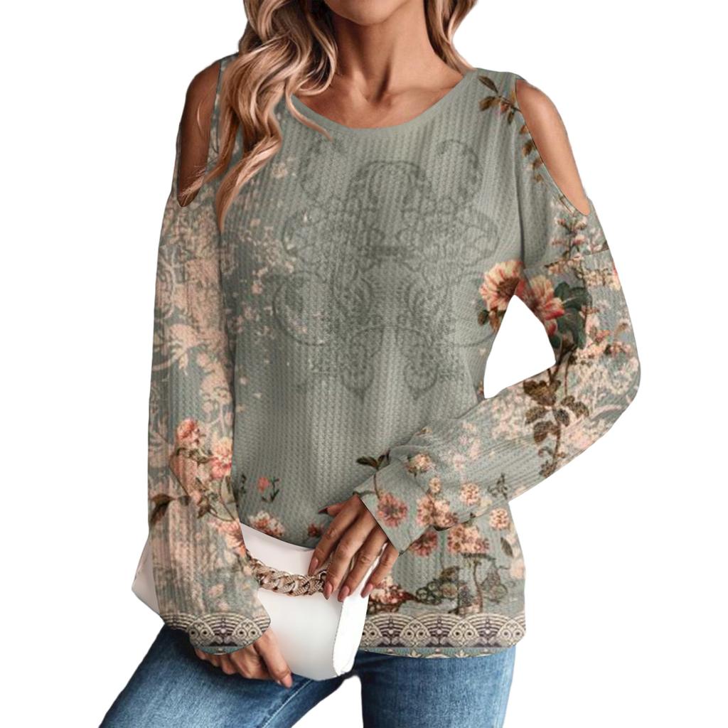 Women's Winter Oversized T-Shirt Fashionable Off-the-Shoulder Round Neck Vintage Floral Print Pullover Long-Sleeved Top