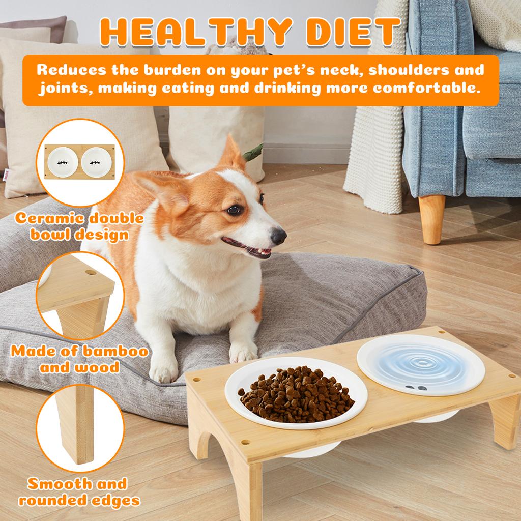 Pet Feeder Double Bowl Ceramic Dog and Cat Bowl with Bamboo Stand Elevated Neck Guard Dog Food and Water Bowl Pet Accessories